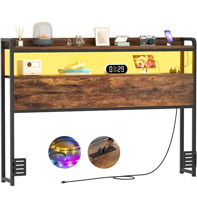 Headboard with Storage Drawers and LED Light, Head Board with Outlets, USB Ports