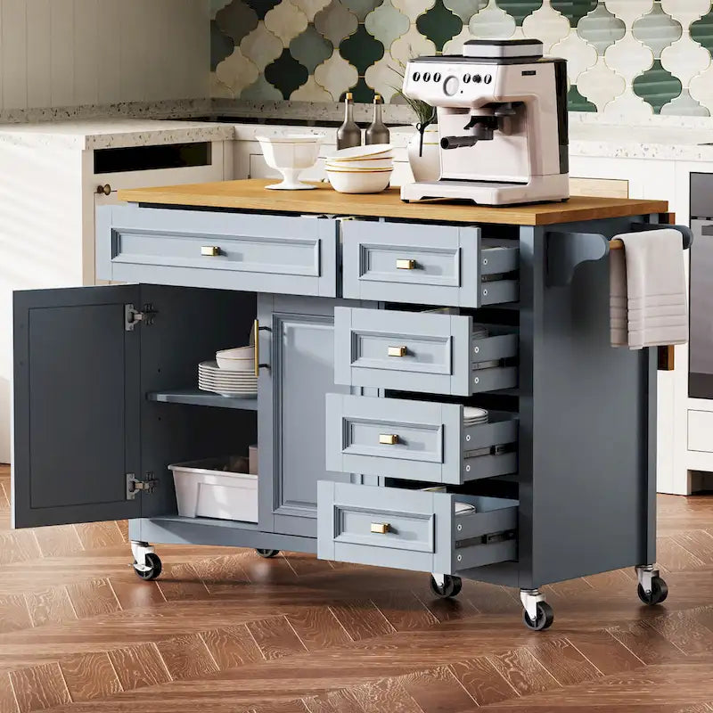 52 Kitchen Island with Drop Leaf, Embossed Texture Kitchen Island on Wheels with Spice Rack, Towel Rack, 2 Doors & 5 Drawers