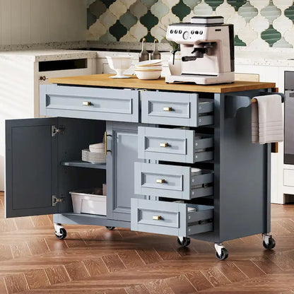 52 Kitchen Island with Drop Leaf, Embossed Texture Kitchen Island on Wheels with Spice Rack, Towel Rack, 2 Doors & 5 Drawers