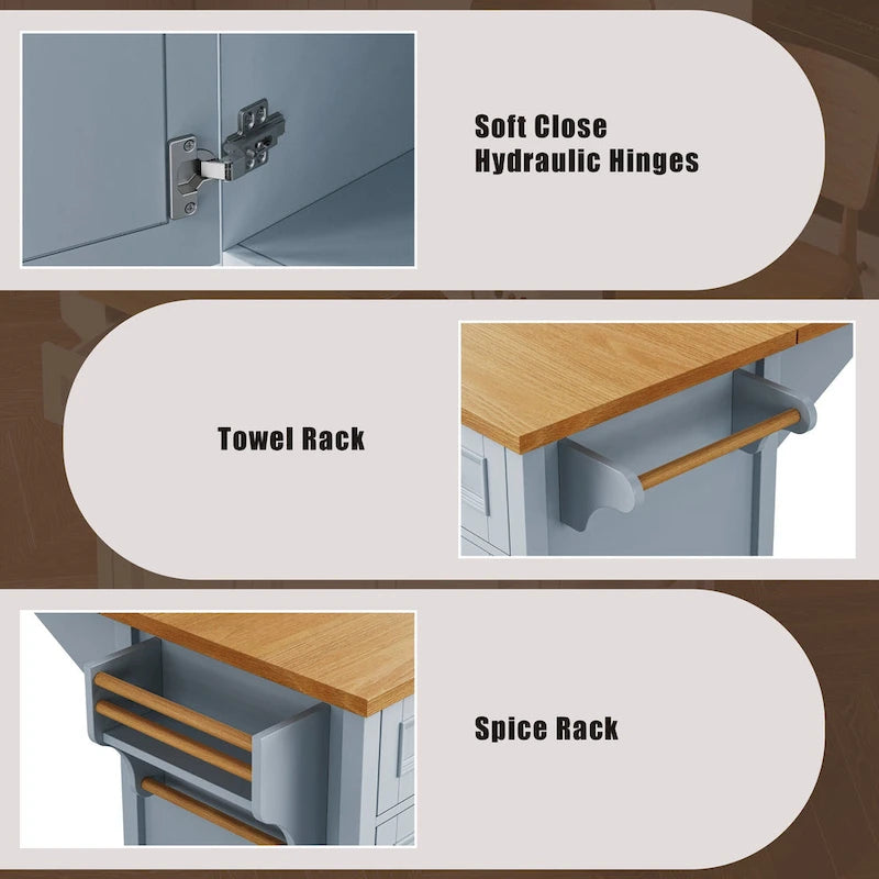 52 Kitchen Island with Drop Leaf, Embossed Texture Kitchen Island on Wheels with Spice Rack, Towel Rack, 2 Doors & 5 Drawers