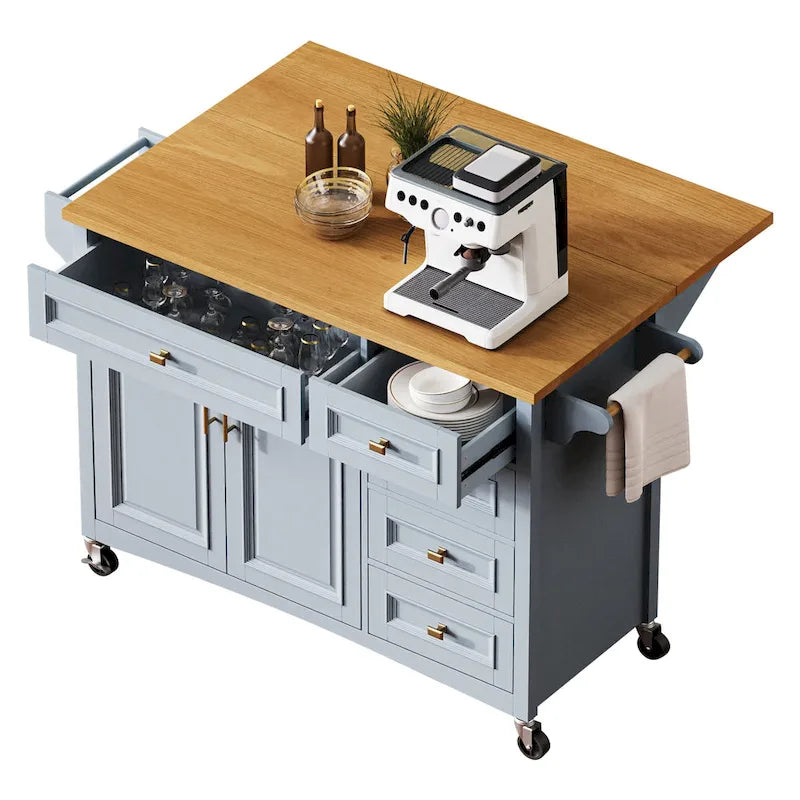 52 Kitchen Island with Drop Leaf, Embossed Texture Kitchen Island on Wheels with Spice Rack, Towel Rack, 2 Doors & 5 Drawers