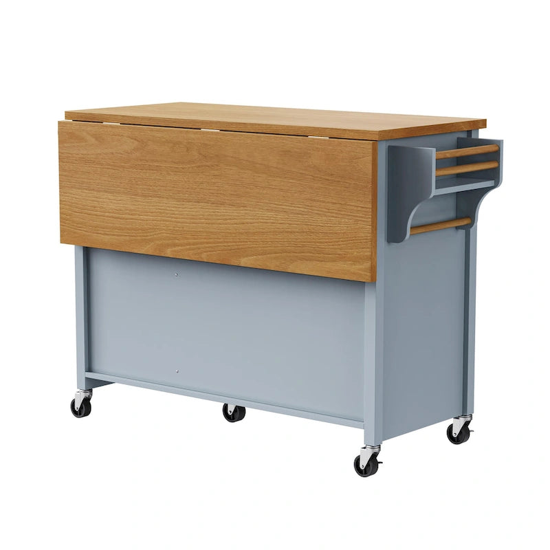 52 Kitchen Island with Drop Leaf, Embossed Texture Kitchen Island on Wheels with Spice Rack, Towel Rack, 2 Doors & 5 Drawers