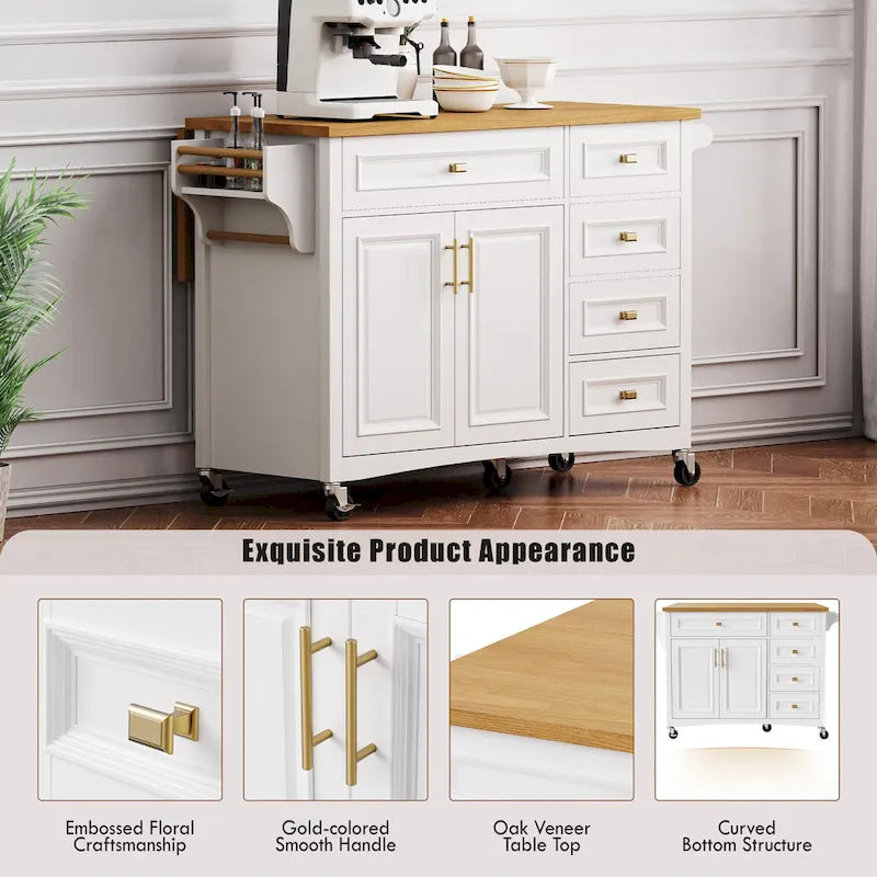 52 Kitchen Island with Drop Leaf, Embossed Texture Kitchen Island on Wheels with Spice Rack, Towel Rack, 2 Doors & 5 Drawers