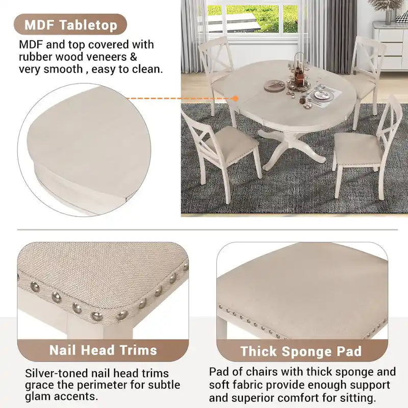 Vintage 5-Piece Wooden Dining Table Set with Expandable Round Table & 4 Chairs