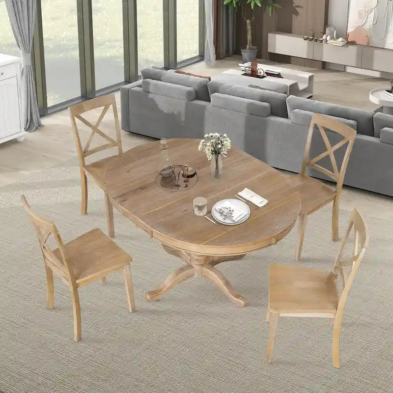 Vintage 5-Piece Wooden Dining Table Set with Expandable Round Table & 4 Chairs