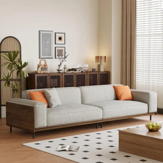 Mid-Century Modern 4 Seater Sofa Walnut Cotton Linen Upholstery, Removable Washable Covers, Deep Cushions with Pillows