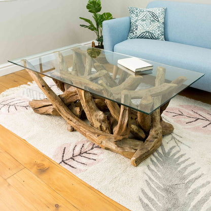 Twiggy - Coffee Table In Tempered Glass & Natural Teak Tree Root