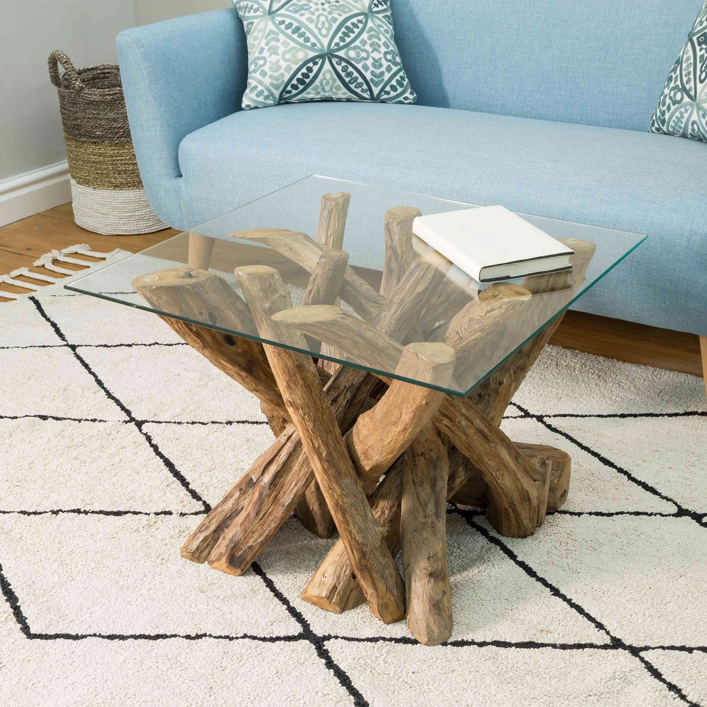 Twiggy - Square Coffee Table In Tempered Glass & Natural Teak Tree Root