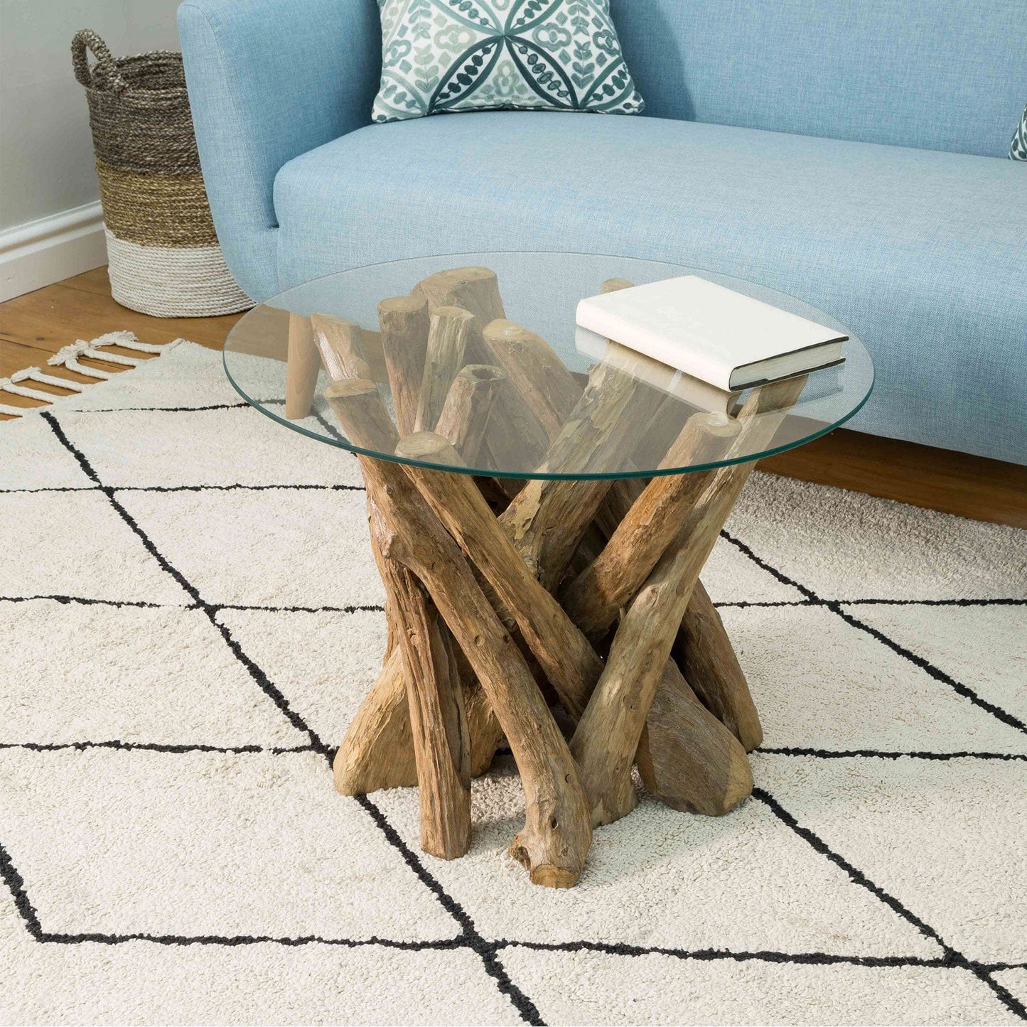 Twiggy - Round Coffee Table In Tempered Glass & Natural Teak Tree Root
