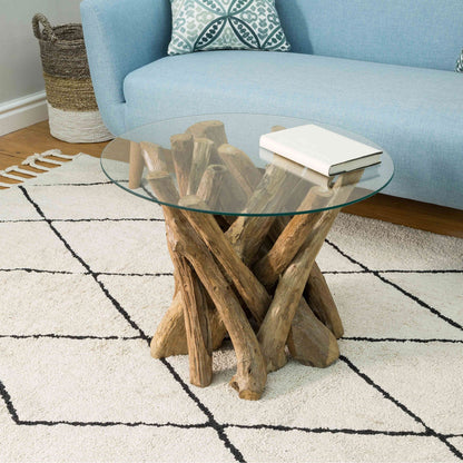 Twiggy - Round Coffee Table In Tempered Glass & Natural Teak Tree Root