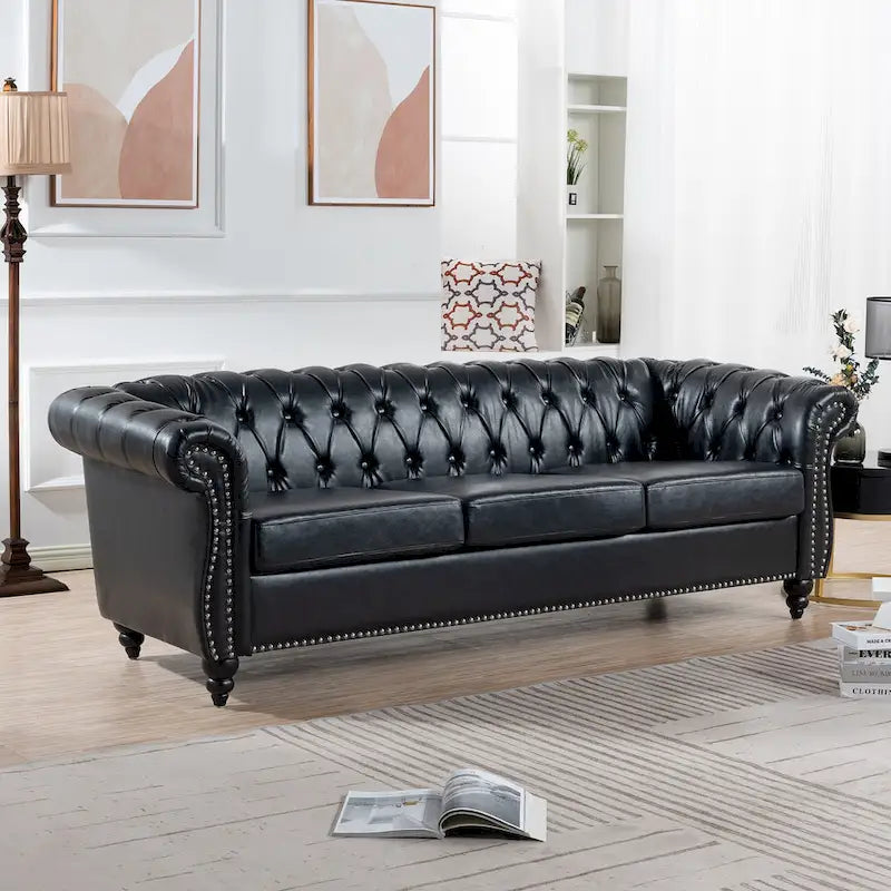 Faux Leather Rolled Arm Chesterfield Three Seater Sofa