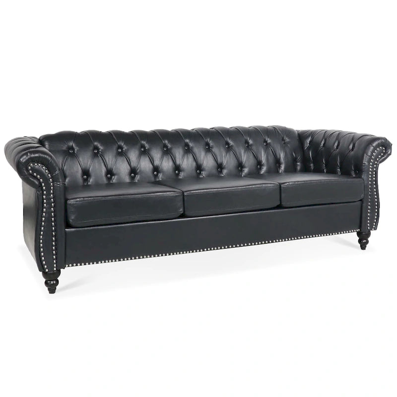 Faux Leather Rolled Arm Chesterfield Three Seater Sofa