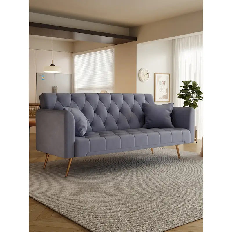 Tufted Grey Upholstered Convertible Double Folding Sofa Bed - 19.00 x 71.00 x 30.00