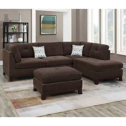 Poundex 3 Piece Fabric Sectional Sofa Set with Ottoman