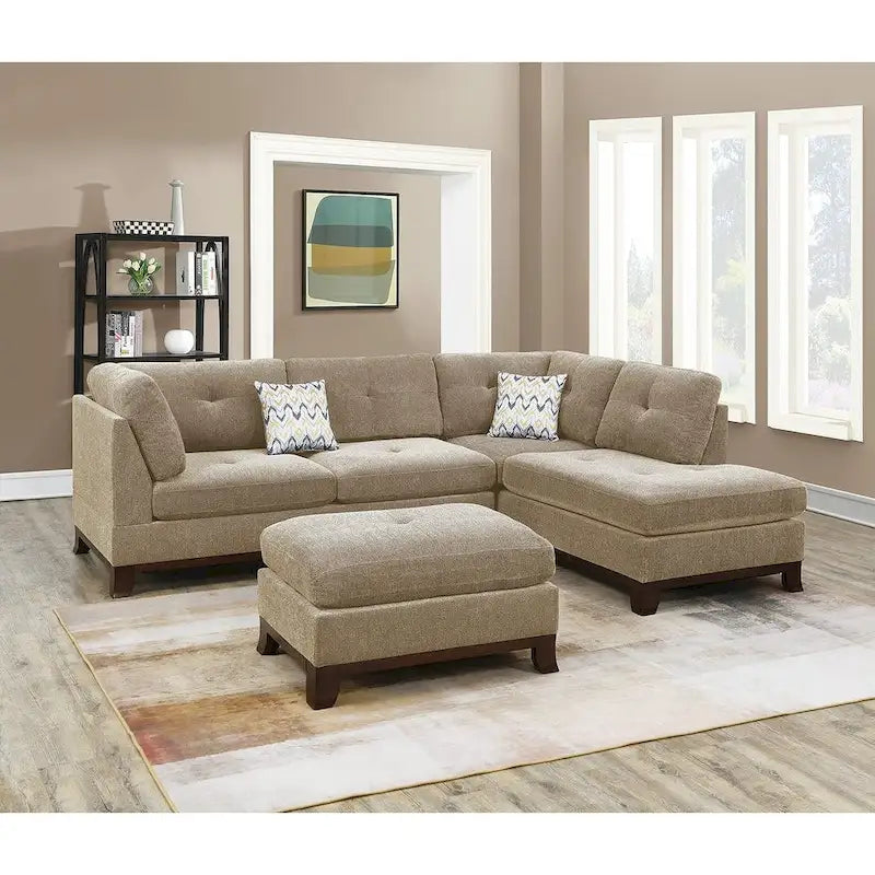 Poundex 3 Piece Fabric Sectional Sofa Set with Ottoman