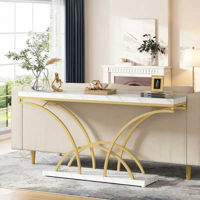 70.9 Inch Long Console Table for Entryway,Gold Sofa Table with White Faux Marble Tabletop