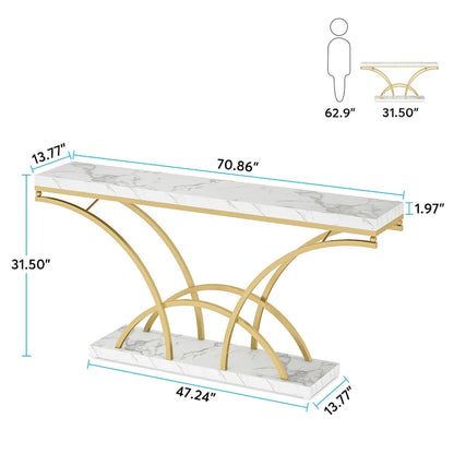 70.9 Inch Long Console Table for Entryway,Gold Sofa Table with White Faux Marble Tabletop