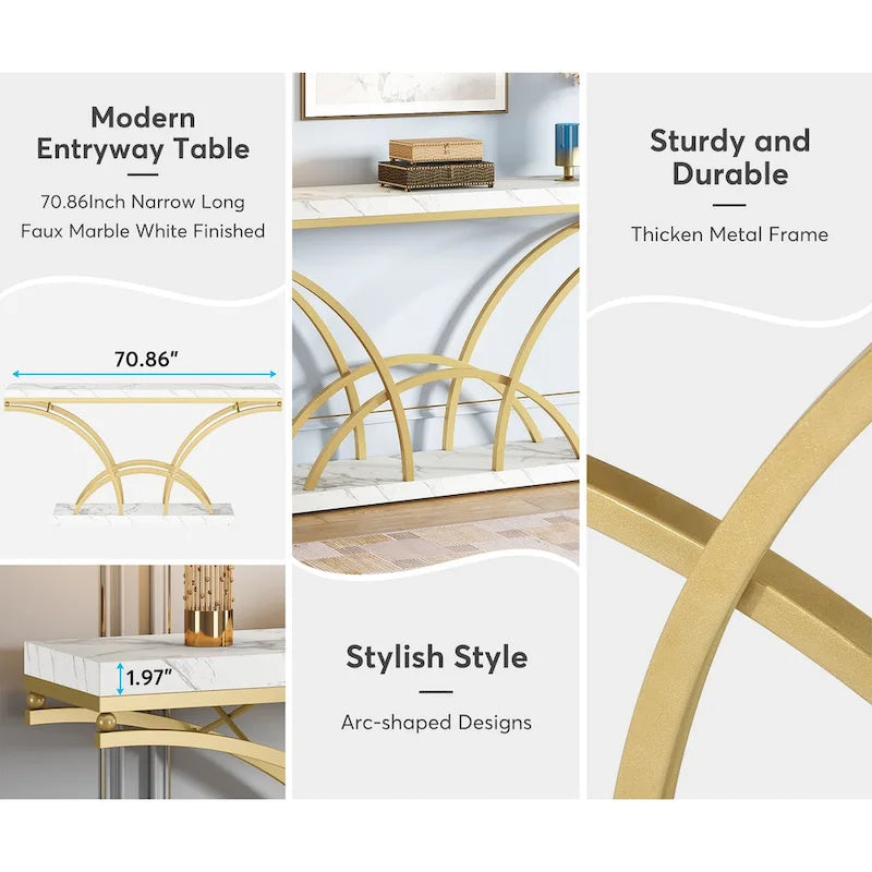 70.9 Inch Long Console Table for Entryway,Gold Sofa Table with White Faux Marble Tabletop