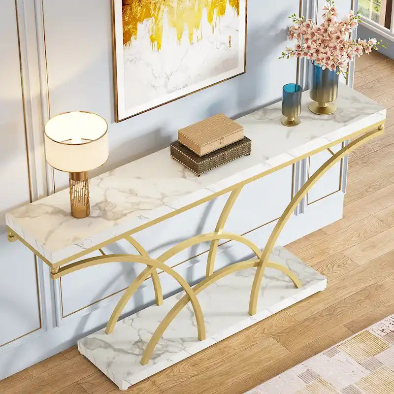 70.9 Inch Long Console Table for Entryway,Gold Sofa Table with White Faux Marble Tabletop