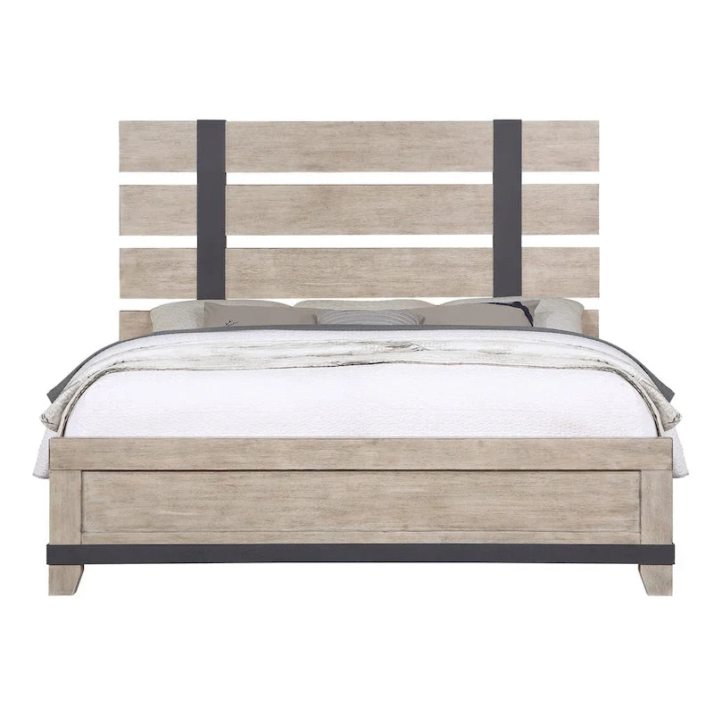Roundhill Furniture Arbela Wood Slatted Panel Bed with Dresser, Mirror, and Two Nightstands, Weathered Oak Finish