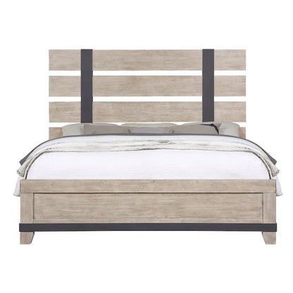 Roundhill Furniture Arbela Wood Slatted Panel Bed with Dresser, Mirror, and Two Nightstands, Weathered Oak Finish