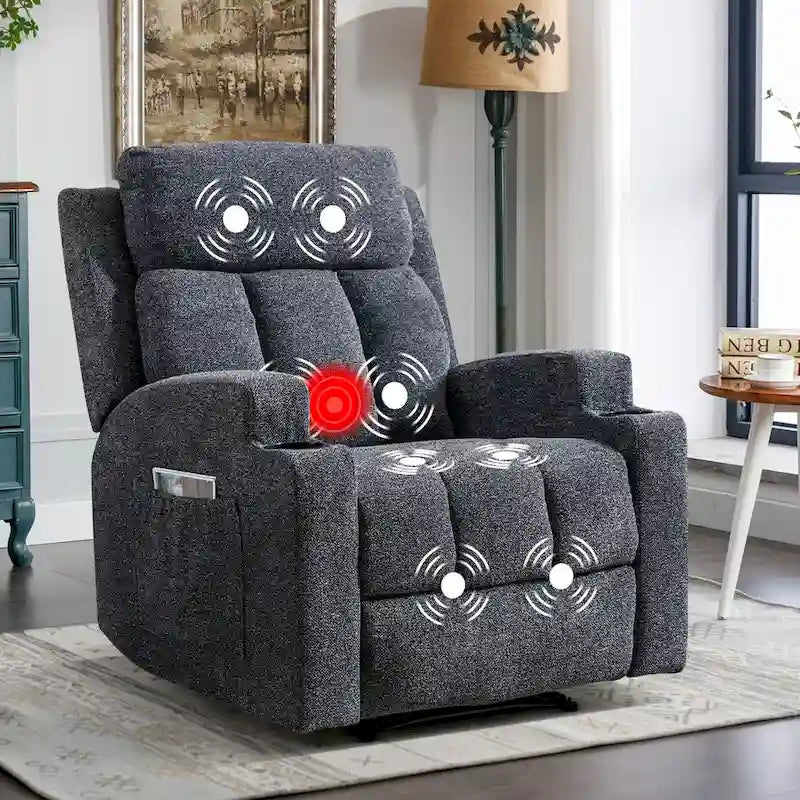 Manual Recliner Massage and Heating Chair Sofa with 2 Cup Holders Breathable Fabric
