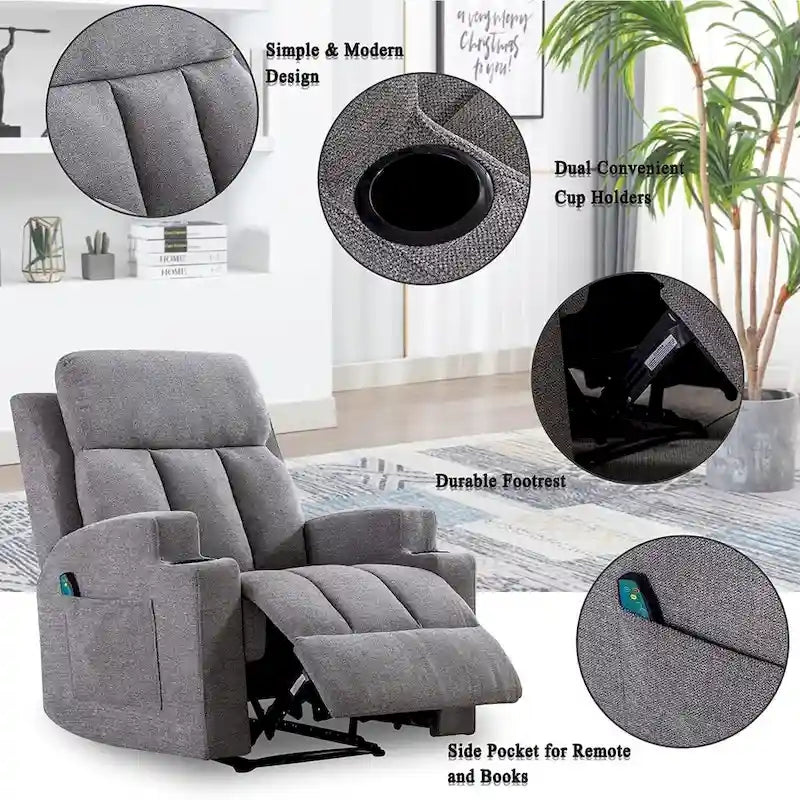 Manual Recliner Massage and Heating Chair Sofa with 2 Cup Holders Breathable Fabric