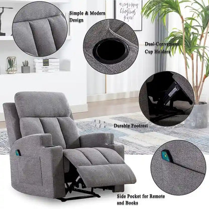 Manual Recliner Massage and Heating Chair Sofa with 2 Cup Holders Breathable Fabric