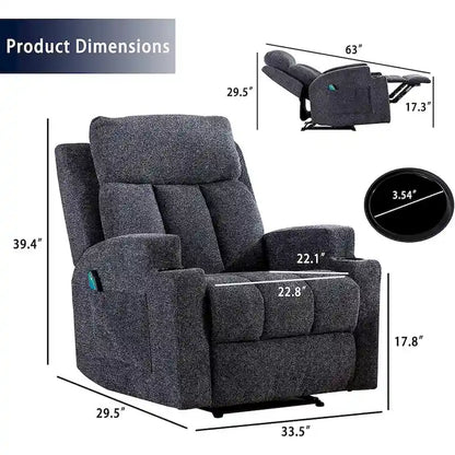 Manual Recliner Massage and Heating Chair Sofa with 2 Cup Holders Breathable Fabric