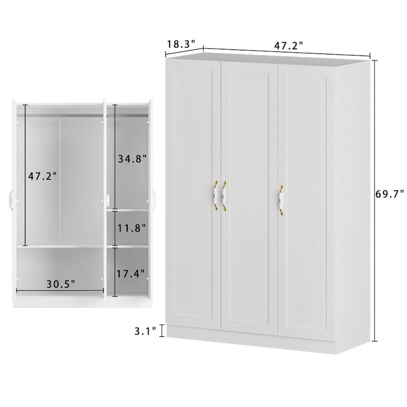 47.2W Armoire with Three Doors ,Two Clothes Rod ,Golden Floral Handle