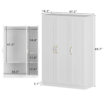 47.2W Armoire with Three Doors ,Two Clothes Rod ,Golden Floral Handle