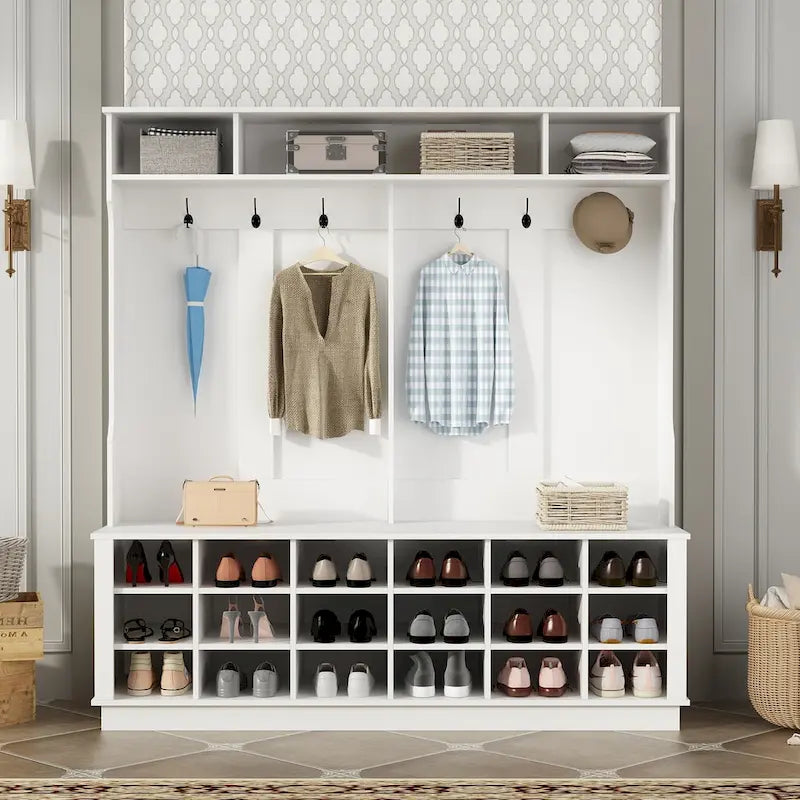 Large Hall Tree for Entryway Coat Rack Shoe Bench with Bottom Storage