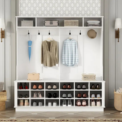 Large Hall Tree for Entryway Coat Rack Shoe Bench with Bottom Storage