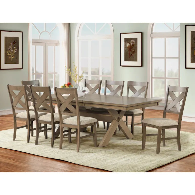 Roundhill Furniture Raven Wood 9-Piece Dining Set, Extendable Trestle Dining Table with 8 Chairs, Glazed Pine Brown