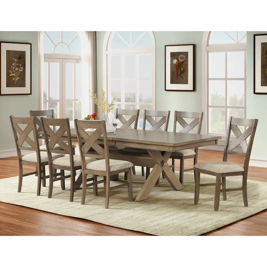 Roundhill Furniture Raven Wood 9-Piece Dining Set, Extendable Trestle Dining Table with 8 Chairs, Glazed Pine Brown