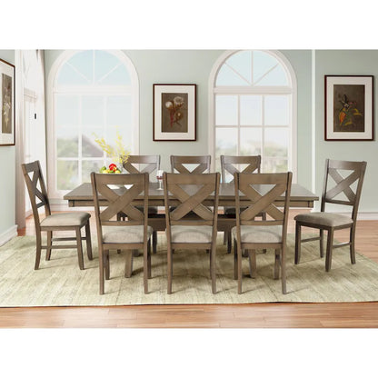 Roundhill Furniture Raven Wood 9-Piece Dining Set, Extendable Trestle Dining Table with 8 Chairs, Glazed Pine Brown