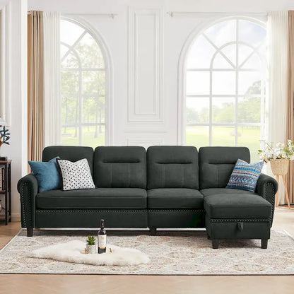 4 Seater L Shaped Reversible Nailed Sectional Sofa with Storage Ottoman