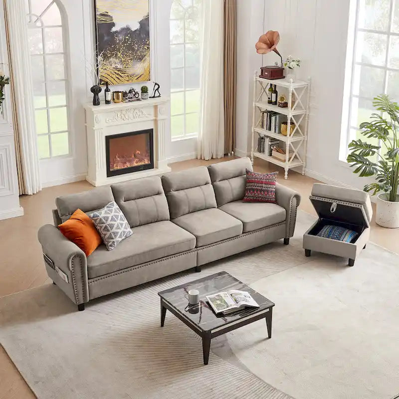 4 Seater L Shaped Reversible Nailed Sectional Sofa with Storage Ottoman