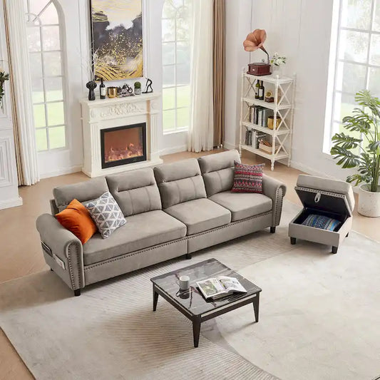 4 Seater L Shaped Reversible Nailed Sectional Sofa with Storage Ottoman