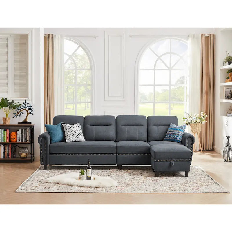 4 Seater L Shaped Reversible Nailed Sectional Sofa with Storage Ottoman