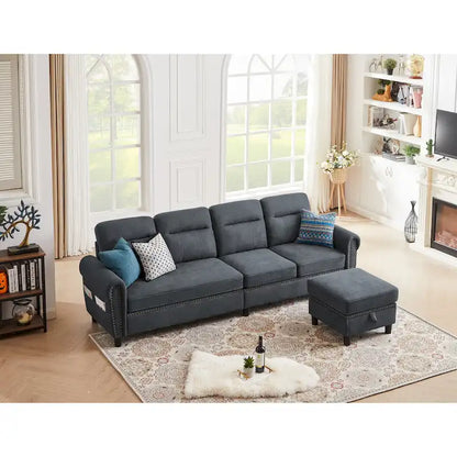 4 Seater L Shaped Reversible Nailed Sectional Sofa with Storage Ottoman