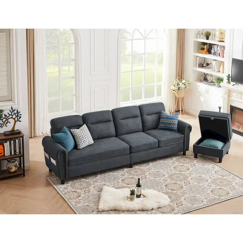 4 Seater L Shaped Reversible Nailed Sectional Sofa with Storage Ottoman