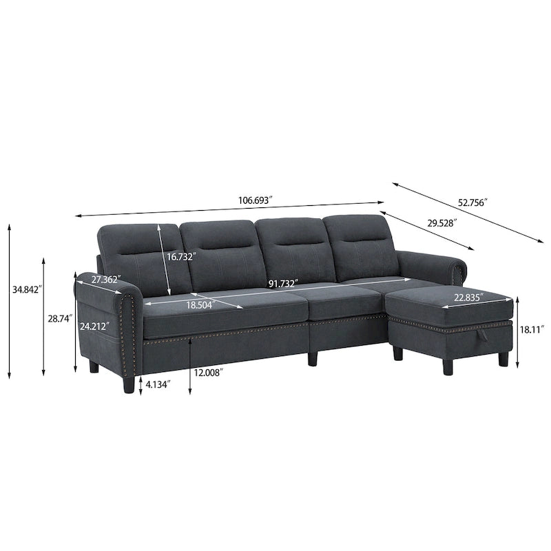 4 Seater L Shaped Reversible Nailed Sectional Sofa with Storage Ottoman
