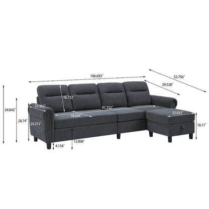 4 Seater L Shaped Reversible Nailed Sectional Sofa with Storage Ottoman