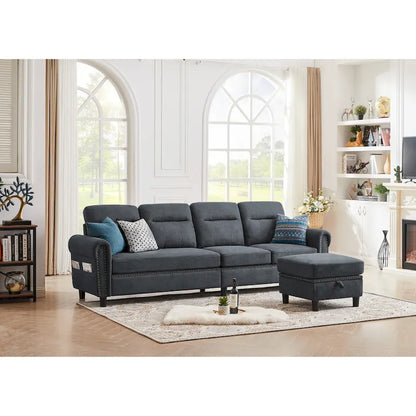 4 Seater L Shaped Reversible Nailed Sectional Sofa with Storage Ottoman