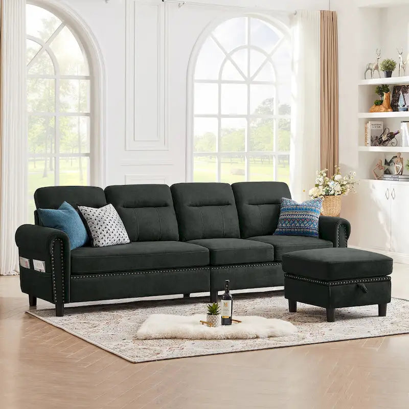 4 Seater L Shaped Reversible Nailed Sectional Sofa with Storage Ottoman