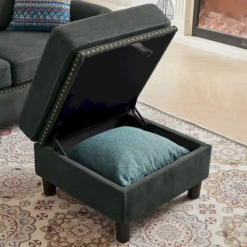 4 Seater L Shaped Reversible Nailed Sectional Sofa with Storage Ottoman