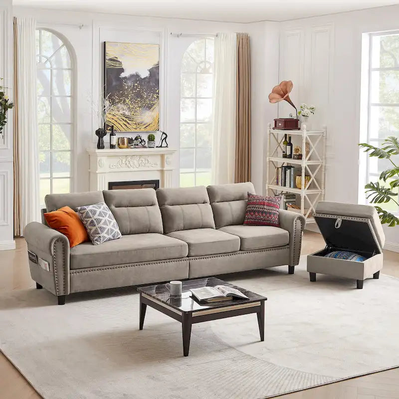 4 Seater L Shaped Reversible Nailed Sectional Sofa with Storage Ottoman