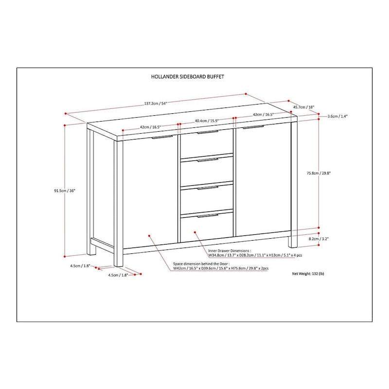 WYNDENHALL Fabian SOLID WOOD 54 inch Wide Contemporary Sideboard Buffet - 18 D x 54 W x 36 H