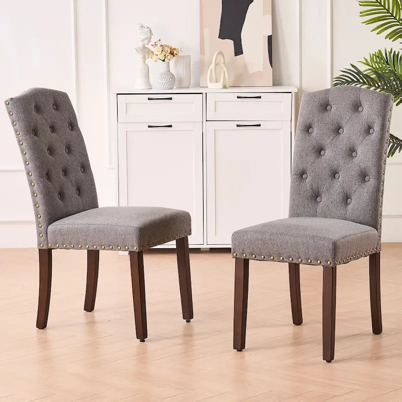 Fabric Upholstered Tufted High Back Dining Chairs with Nailhead Trim Set of 2